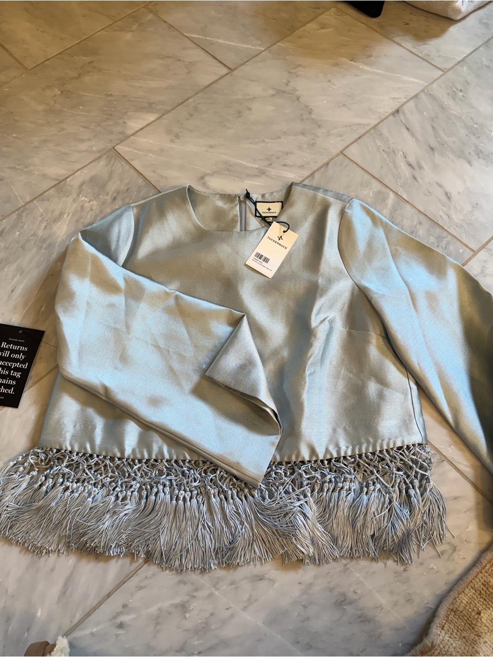 Tuckernuck Pale Blue Fringe-Smock Long Sleeve Top